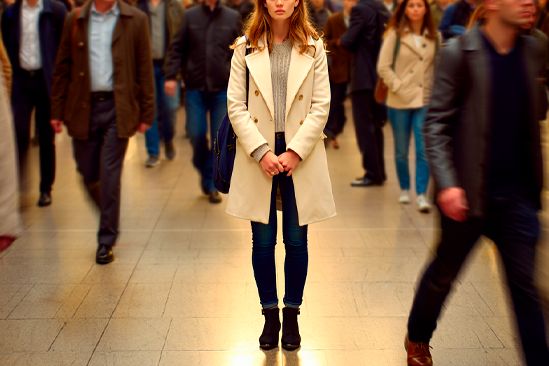 Девушка стоит в толпе Девушка стоит в толпе и переживает