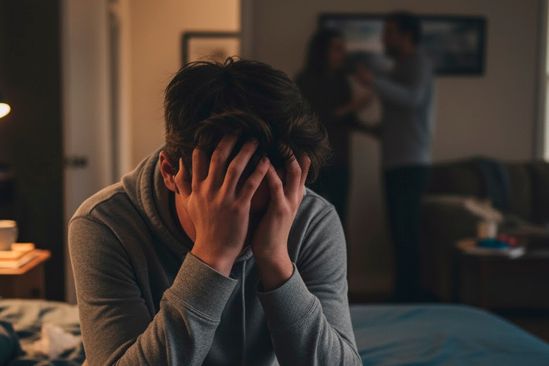 Подросток закрывает лицо руками Подросток переживает из-за конфликта родителей